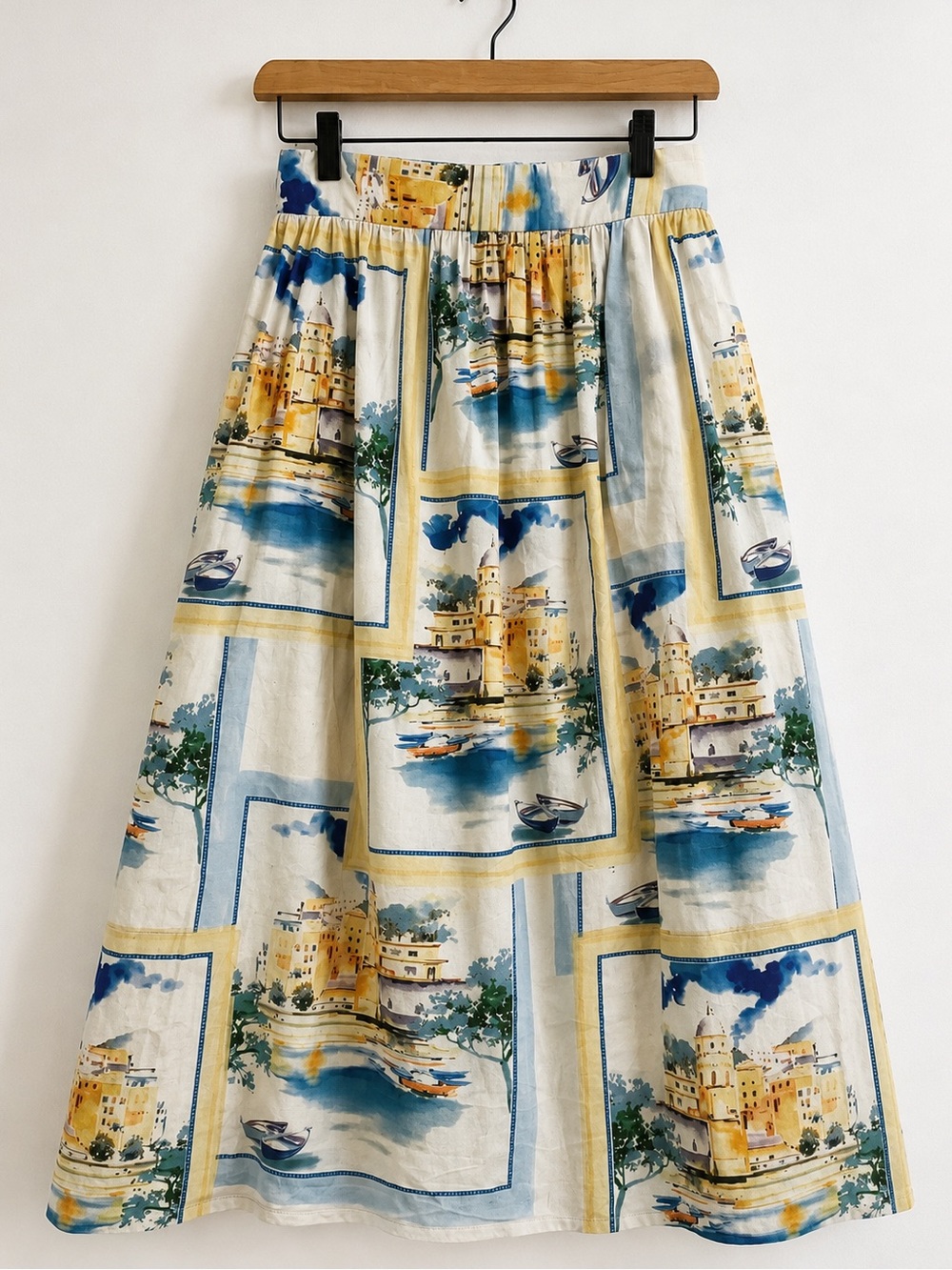 Elie Tahari 100% Cotton Mediterranean Scenic Print Midi Skirt Pockets, size S